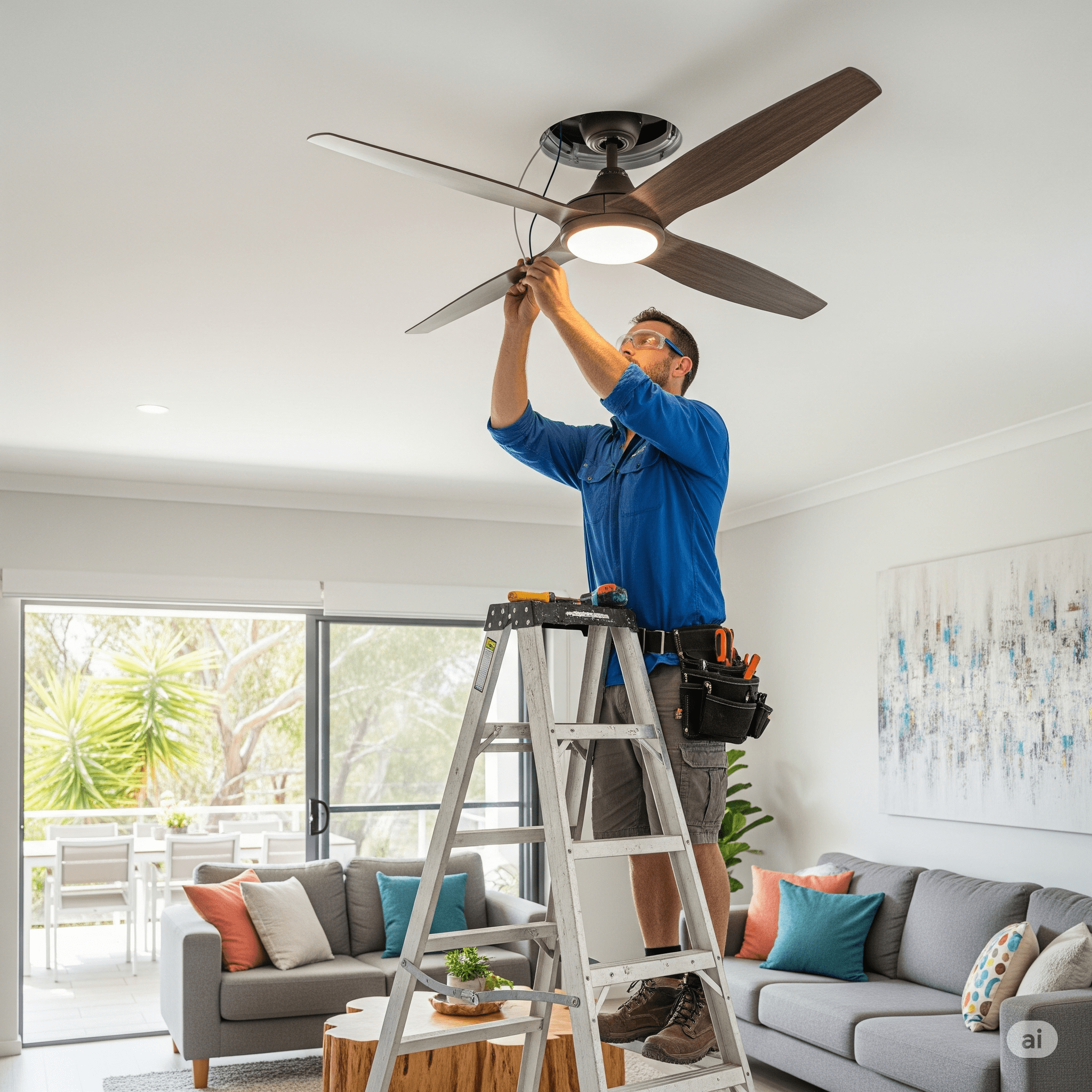 Professional electrician installing ceiling fan in Perth home