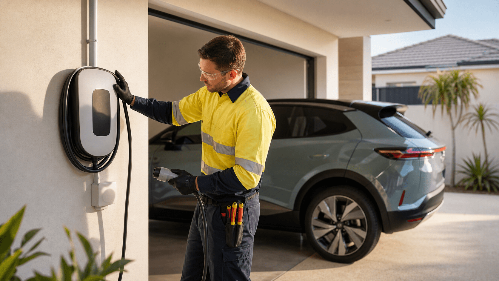 Electrician inspecting a wall-mounted EV charger beside a parked electric vehicle in a Perth garage
