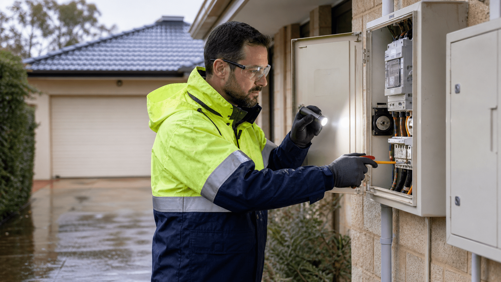 Electrician inspecting an outdoor switchboard after rain