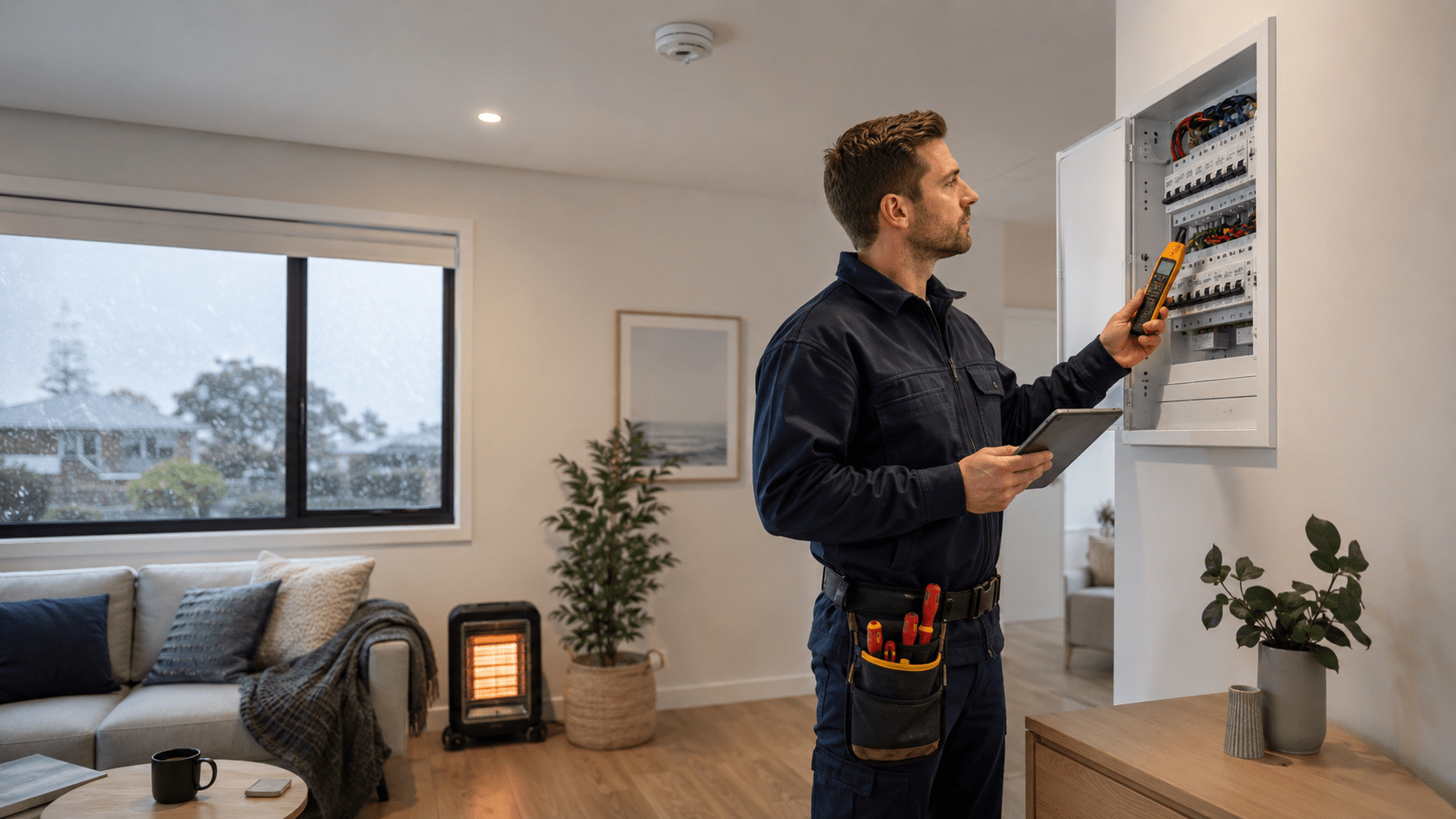 Licensed electrician inspecting a home switchboard beside a portable heater during winter